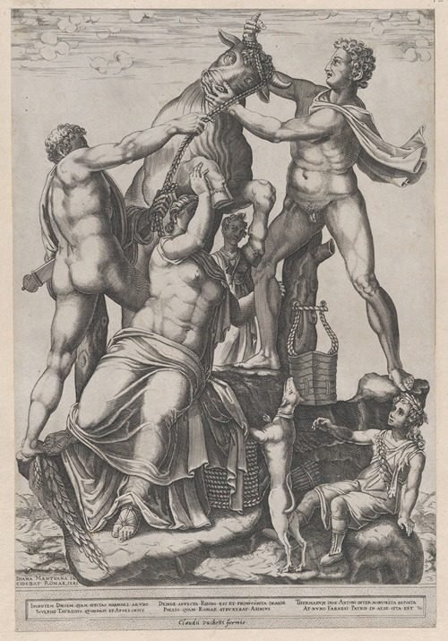 Speculum Romanae Magnificentiae- Amphion and Zethus Tying Dirce to a Wild Bull -The Farnese Bull (1581) by Diana Scultori