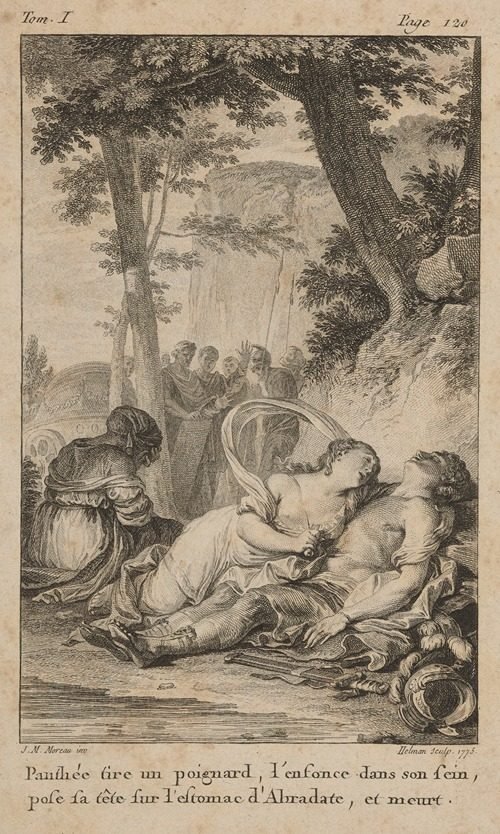 Panthea pulls out a knife, plunges it into her bosom, lays her head on Abradates’ stomach, and dies (1775) by Isidore-Stanislaus-Henri Helman