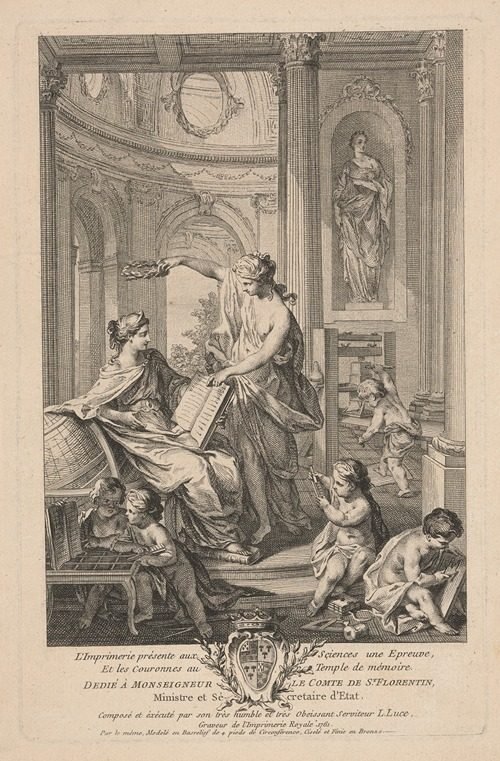 Printing presents Science a proof, and the crown to the Temple of Memory (1761) by Louis-Rene Luce