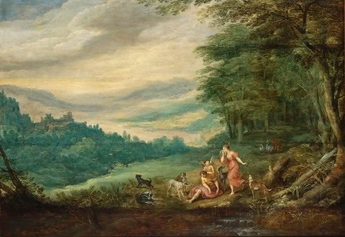Venus Mourning Adonis In A Panoramic Wooded Landscape by Joos de Momper
