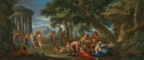 A bacchanal with nymphs and satyrs dancing, playing music and drinking wine, with a bust of Hermes and a classical temple in a landscape (18th century) — Andrea Locatelli