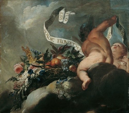 Zwei Putti mit Blumen, Früchten und Spruchband (1698-1699) — Peter Strudel