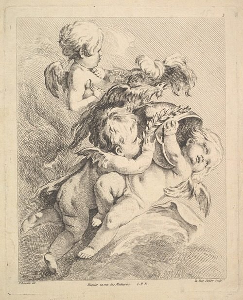 Three Cupids Holding a Helmet (After F. Boucher) by Louis-Felix de La Rue