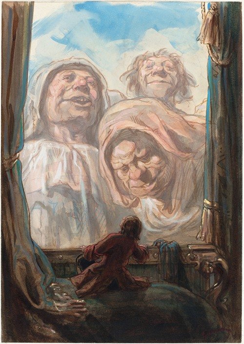 Gulliver Awed by Three Giant Beggars in the Land of Brobdingnag (1862)