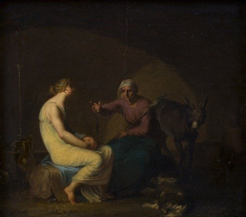Røverbandens husholderske trøster den unge pige ved at fortælle myten om Amor og Psyche. Motiv fra Apulejus, Det gyldne æsel (1808)