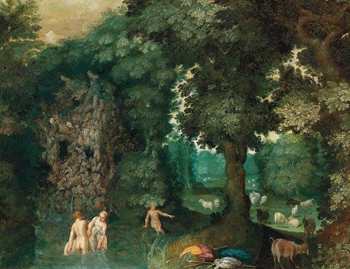 Bathing nymphs in a forest