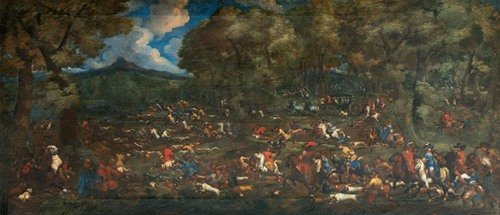 Elegant figures on horseback and in carriages following a hunt