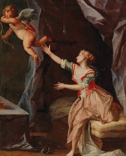 Interior with a woman and Amor flying away (18th Century) — French School