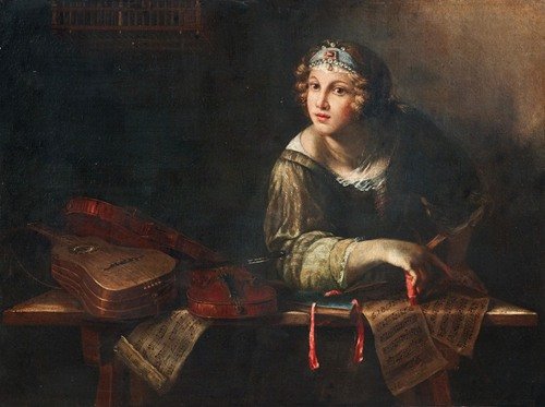 Allegorical Figure with musical instruments and sheets of music — Girolamo Scaglia