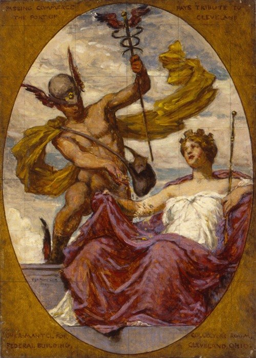 Study for Mural at U.S. Custom House, Cleveland, OH, ‘Passing Commerce Pays Tribute to the Port of Cleveland’ (1909)
