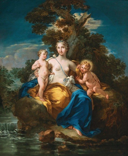 Latona and her children, Apollo and Diana, in a moonlit landscape — Michele Rocca