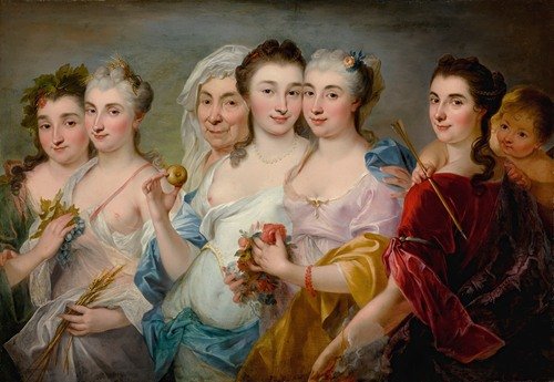 A Group Of Women As Allegories Of The Four Seasons, With Venus And Cupid And An Older Woman Beyond (18th Century)
