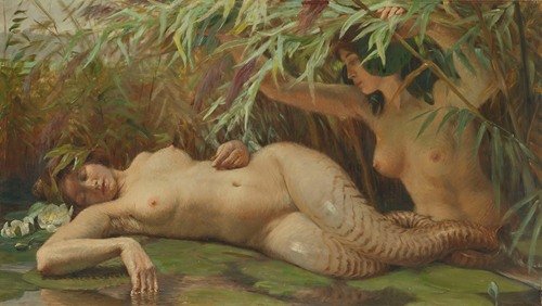 Nymph discovering a mermaid in the reeds