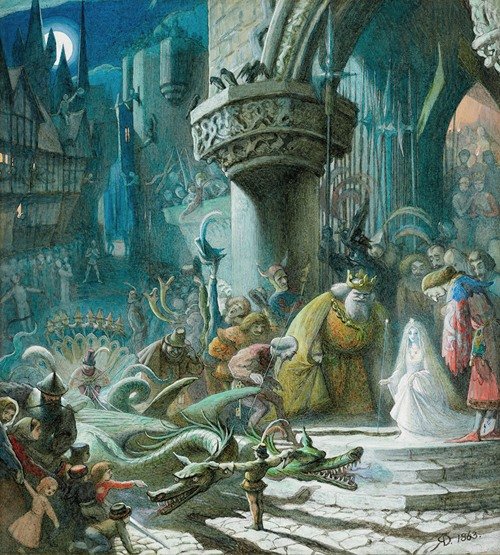 Scene from ‘The Sleeping Beauty’; the Good Fairy leaving the christening of the Princess, walking to her dragon-pulled carriage (1863)