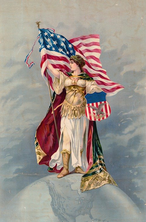 Columbia standing on the earth, holding an American flag and trademark sign (1890)
