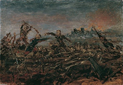 Totentanz auf dem Schlachtfeld vor brennenden Ruinen (1882-1885)