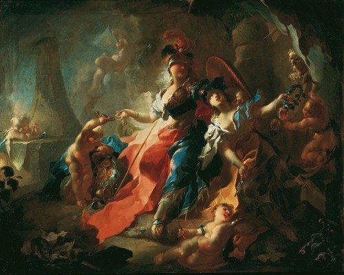 Die Akademie mit ihren Attributen zu Füßen Minervas (1750)