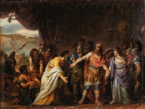 Agamemnon in his tent refusing to give chryseis back to her father