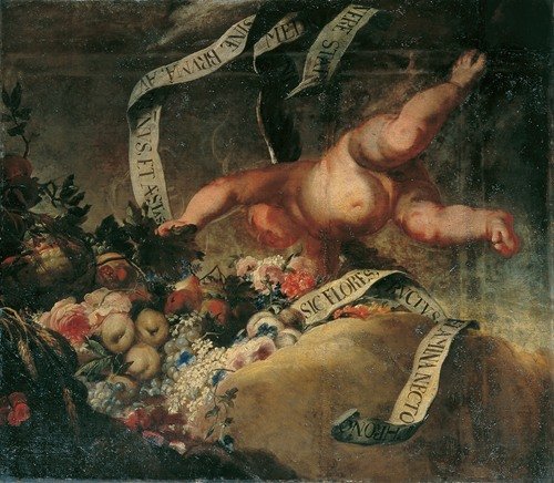Putto mit Blumen, Früchten und Spruchband (1698-1699)