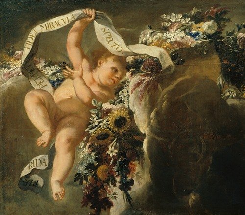 Putto mit Blumengewinde und Spruchband (1698-1699)
