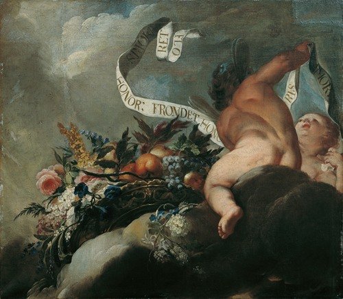 Zwei Putti mit Blumen, Früchten und Spruchband (1698-1699) — Peter Strudel