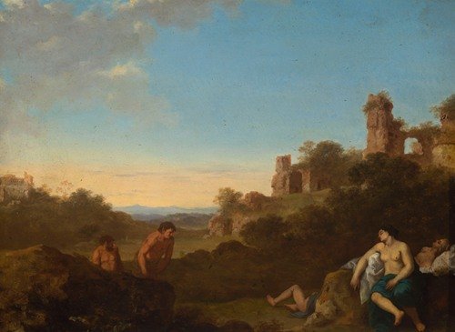 Satyrs and sleeping nymphs against Italian landscape (1620-1630)