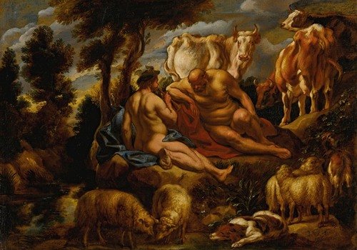 Mercury playing Argus to sleep with his flute, with Io transformed into a white heifer (1648)