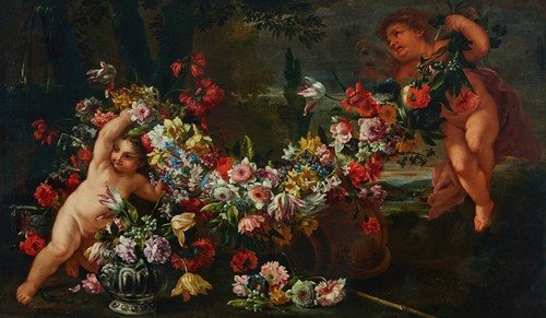 Garlands of flowers with putti in a landscape