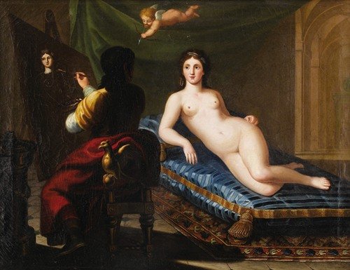 Cupid Takes Aim; The Besotted Painter (c. 1880)