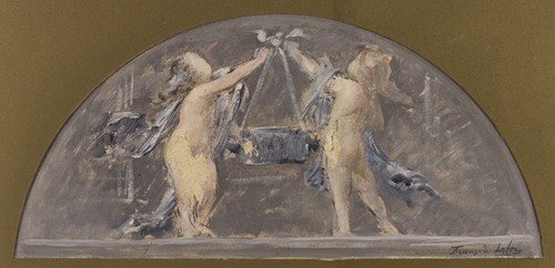 Deux enfants levant ensemble une grande boîte (1893)