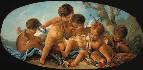 Groupe de cinq Amours avec des colombes (1928)