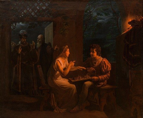 Miranda fait une partie d’échec avec Ferdinand qu’elle accuse, en plaisantant, de tricher (1822)