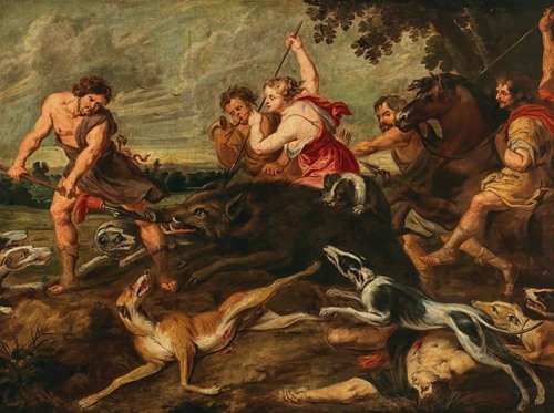 Meleager and Atalante hunting the Calydonian boar