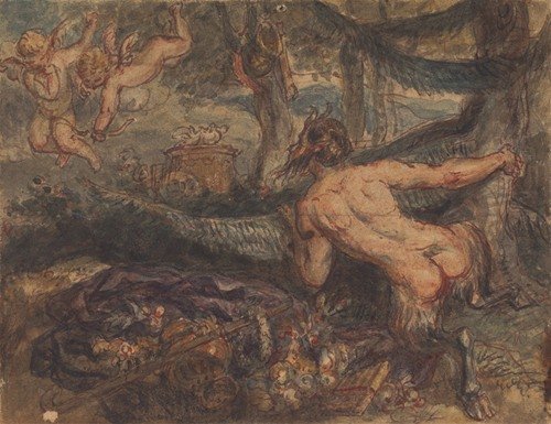 Pan, Spying, From Behind a Tree, at Putti, Shooting Arrows