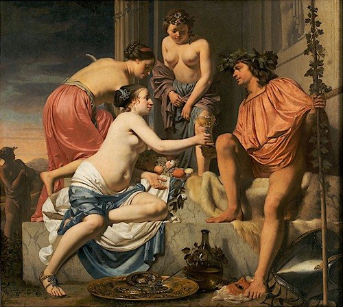 Bacchus on a Throne − Nymphs Offering Bacchus Wine and Fruit (1658)