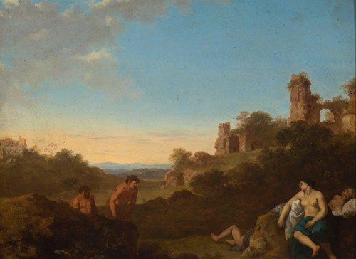Satyrs and sleeping nymphs against Italian landscape (1620-1630)