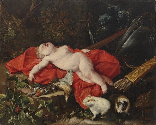 Cupid sleeping beside hunting paraphernalia with two guinea pigs in the foreground