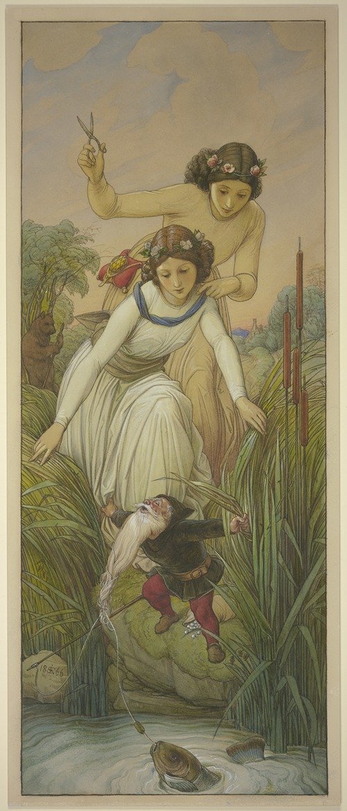Schneeweißchen und Rosenrot finden den Zwerg, dessen Bart sich in der Angelschnur verheddert hat (1866)