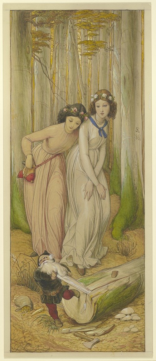 Schneeweißchen und Rosenrot finden im Wald den Zwerg, dessen Bart sich in einem Baumstamm eingeklemmt hat (1866)