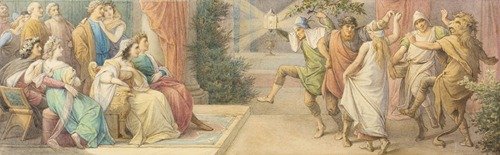 Das Herrscherpaar Theseus und Hippolyta, die Brautpaare Demetrius und Helena sowie Lysander und Hermia verfolgen das von den Handwerkern dargebotene Schauspiel (ca 1883)