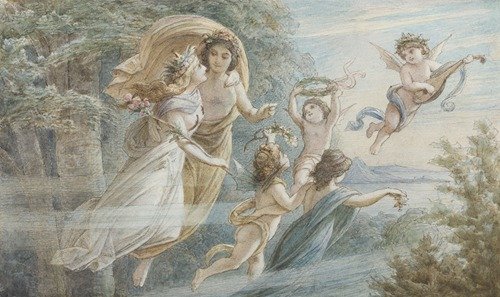 Das schwebende Königspaar Oberon und Titania, begleitet von weiteren Elfen (ca 1883)
