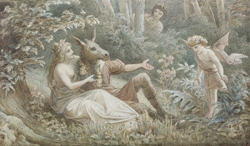 Die Elfenkönigin Titania bekränzt den neben ihr sitzenden, eselköpfigen Nick Bottom (ca 1883)