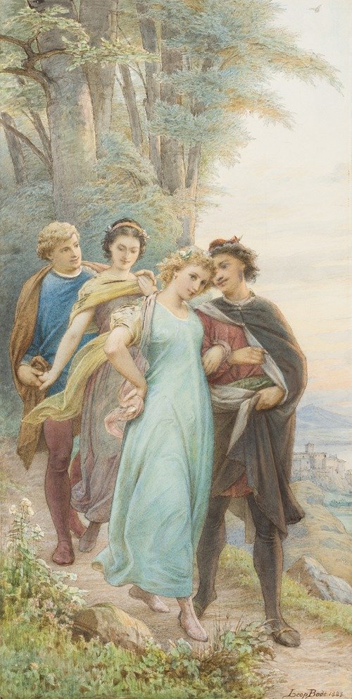 Die wieder vereinten Brautpaare auf dem Weg aus dem Wald, vorn Helena und Demetrius, dahinter Hermia und Lysander (ca 1883)