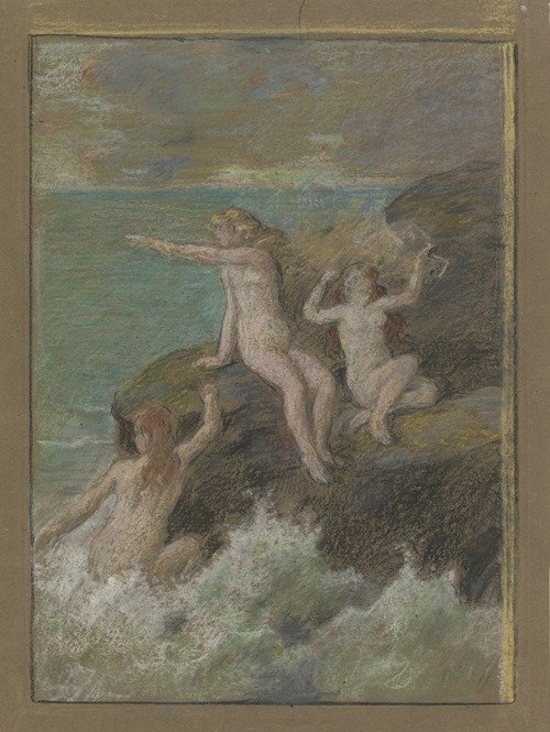 Drei nackte Frauen auf einem Felsen