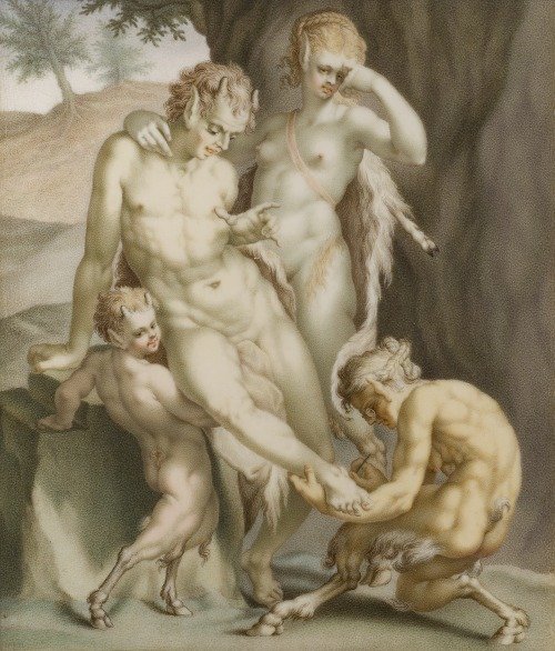 En satyr, en menad och tvenne fauner, sysselsatta med att dra ut en sticka (1713)