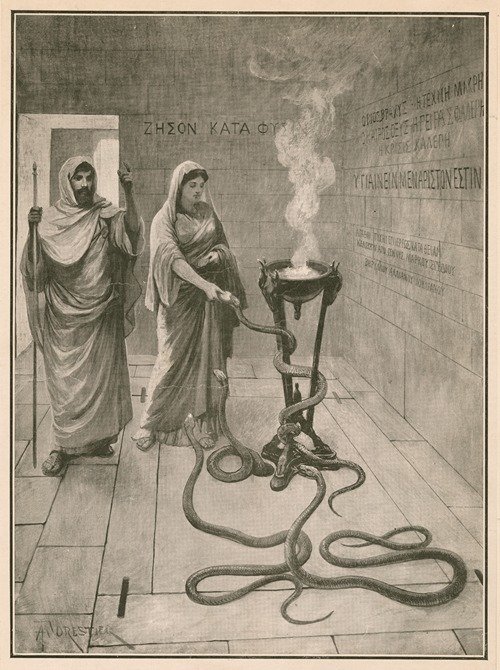 A priest of Asklepios (Aesculapius) and a patient calling up the sacred, non-poisonous snakes (1906)