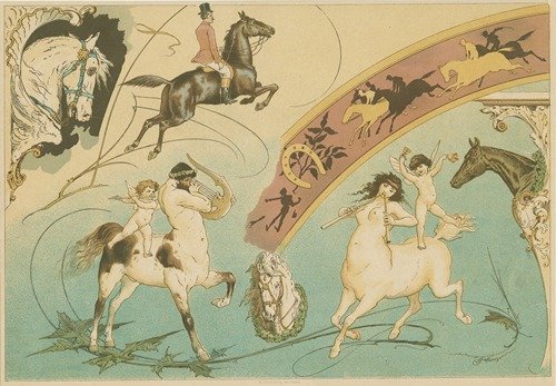 Decorative design with centaurs, cherubs, horses and horseback riders (1889 – 1928)