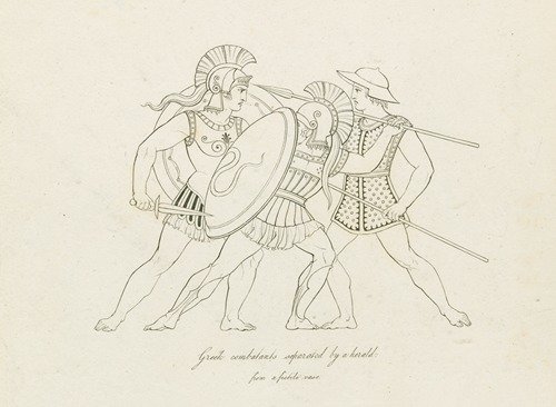 Greek combatants separated by a herald; from a fictile vase (1812)