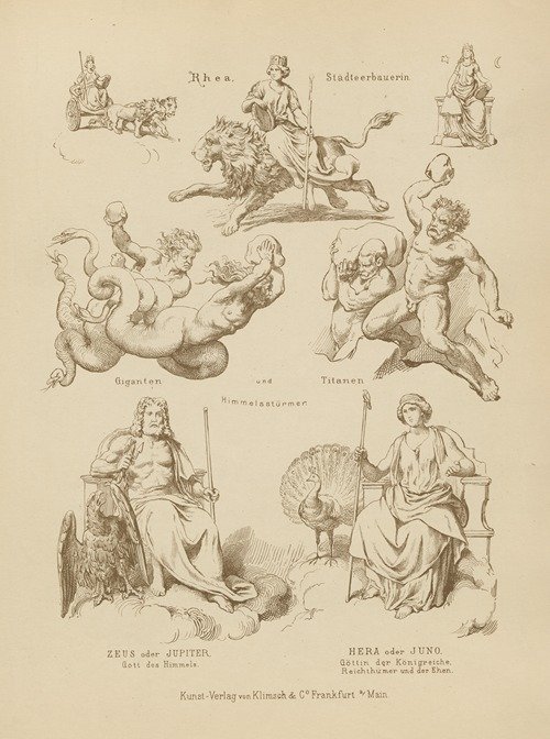 Rhea, Städteerbauerin ; Giganten und Titanen Himmelsstürmer ; Zeus oder Jupiter, Gott des Himmels ; Hera oder Juno (1864)