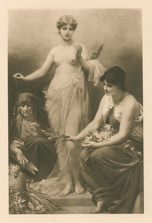 The Three Fates with flowers, thread and shears (1901)